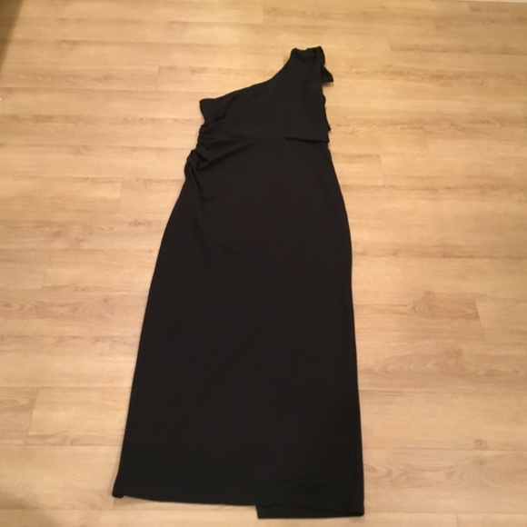 Women's Black One Shoulder Long Formal Sleeveless Ruched Bodycon Dress - Picture 8 of 8